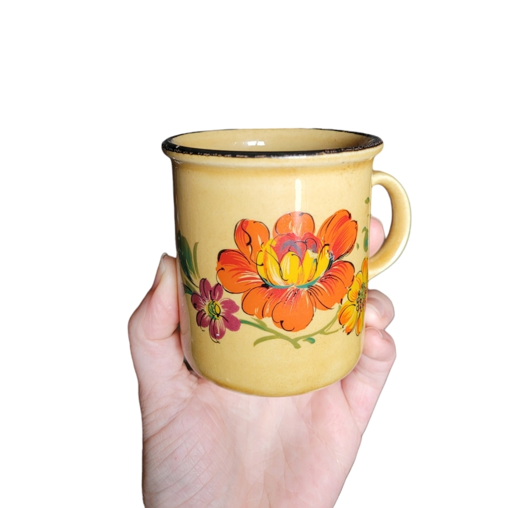 Mid-Century Floral Ceramic Mug with Orange and Yellow Flowers